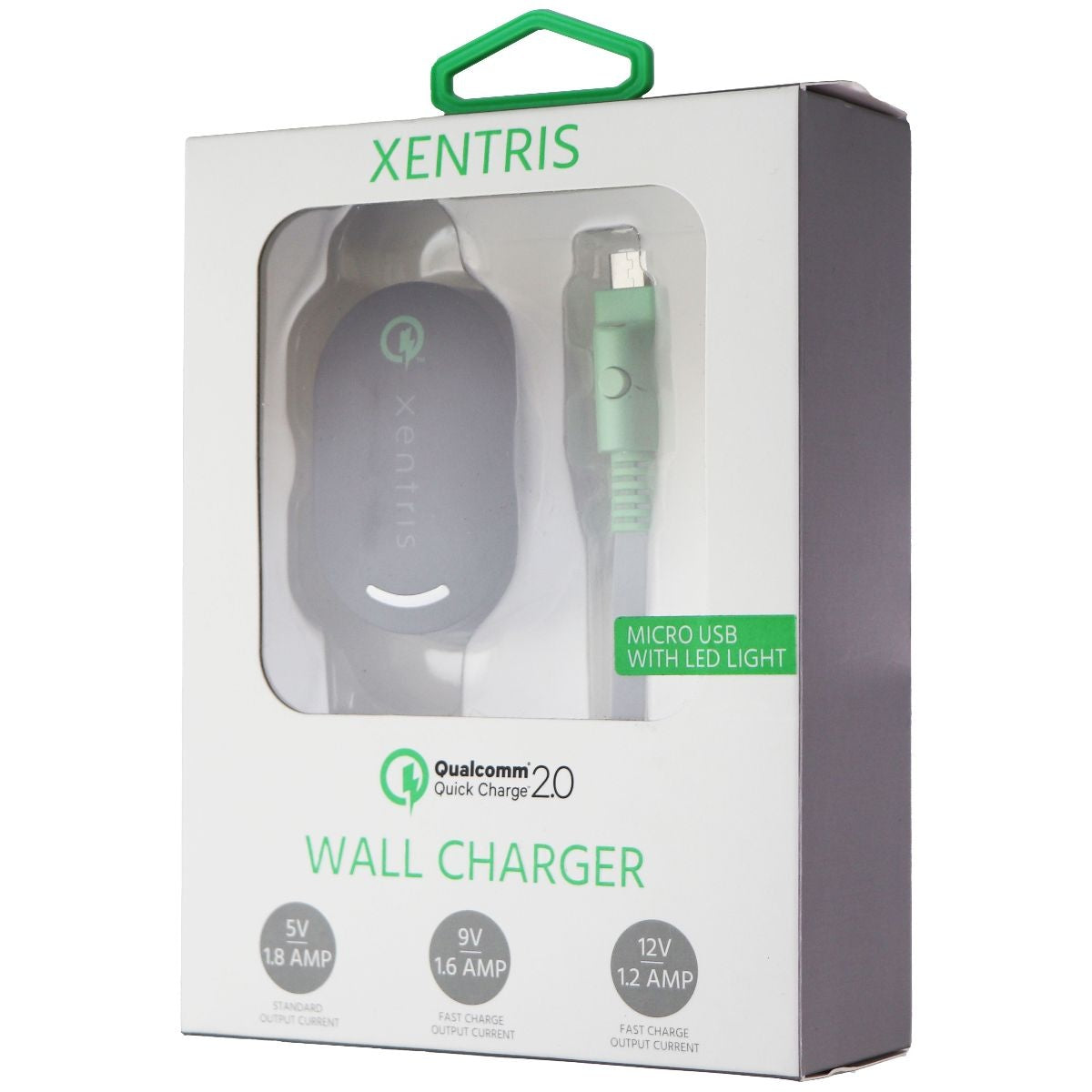 Xentris QC 2.0 Wall Adapter with Flat Micro-USB LED Cable - Black/Gray/Green Cell Phone - Chargers & Cradles Xentris Wireless - Simple Cell Bulk Wholesale Pricing - USA Seller