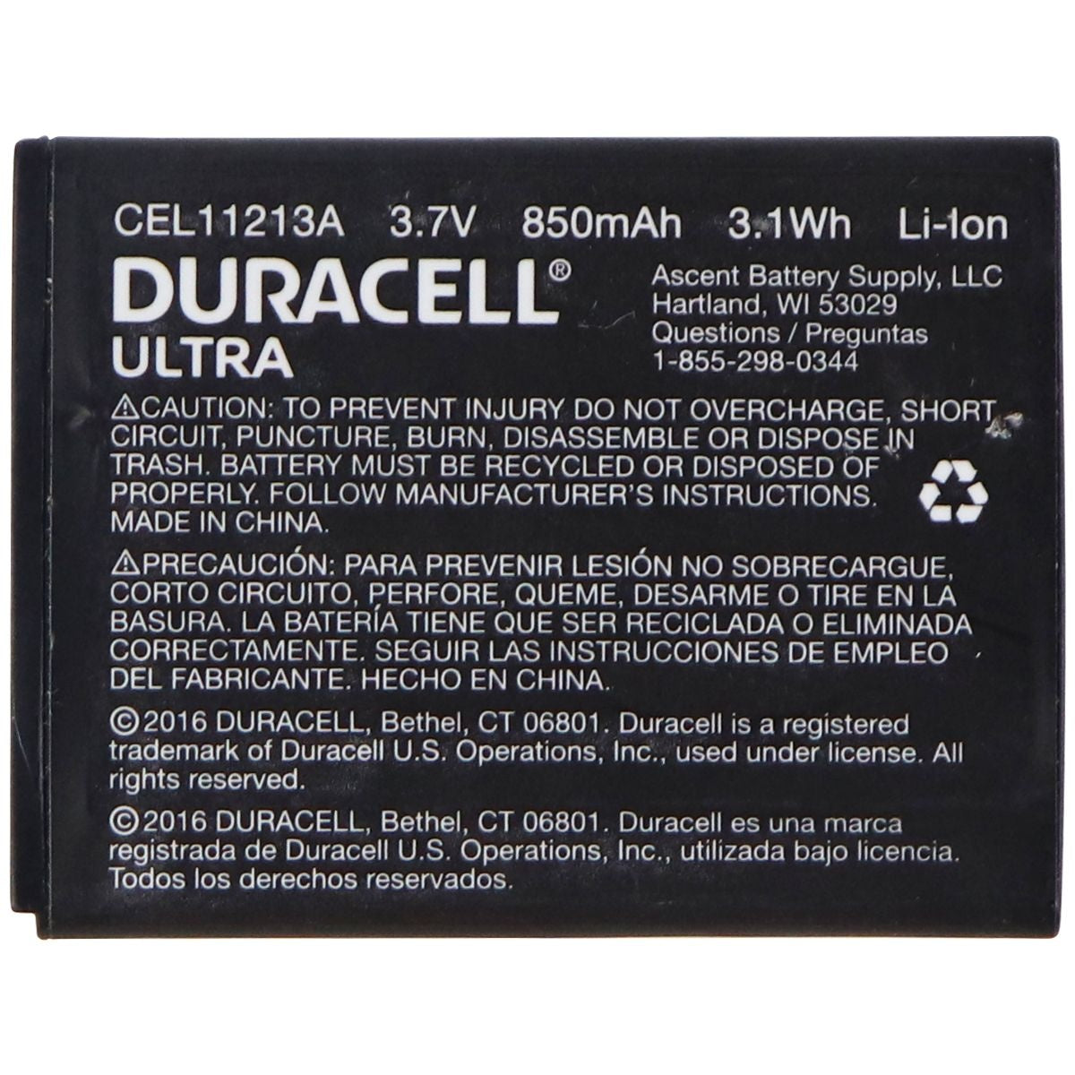 Duracell Ultra 3.7V Rechargeable 850mAh Battery - Black (CEL11213A) Cell Phone - Batteries Duracell - Simple Cell Bulk Wholesale Pricing - USA Seller