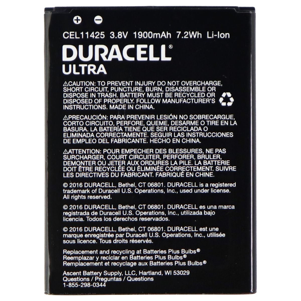 Duracell Ultra OEM Rechargeable 3.8V 1900mAh Battery (CEL11425) Black Cell Phone - Batteries Duracell - Simple Cell Bulk Wholesale Pricing - USA Seller