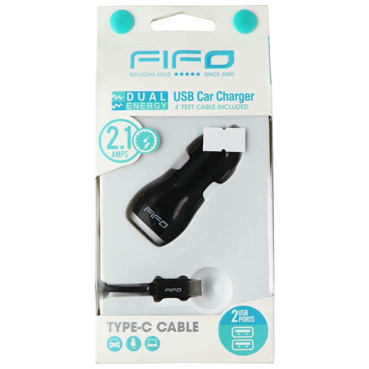 FIFO Dual USB (2.1A) Car Charger and 4-Ft USB-C Cable - Black Cell Phone - Chargers & Cradles FIFO - Simple Cell Bulk Wholesale Pricing - USA Seller