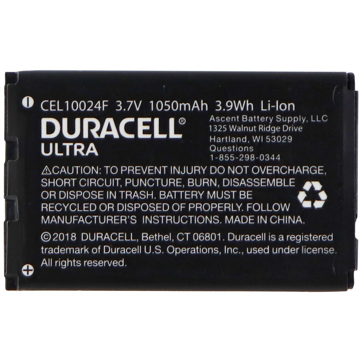 Duracell Ultra 3.7V Rechargeable 1050mAh Battery - Black (CEL110024F) Cell Phone - Batteries Duracell - Simple Cell Bulk Wholesale Pricing - USA Seller