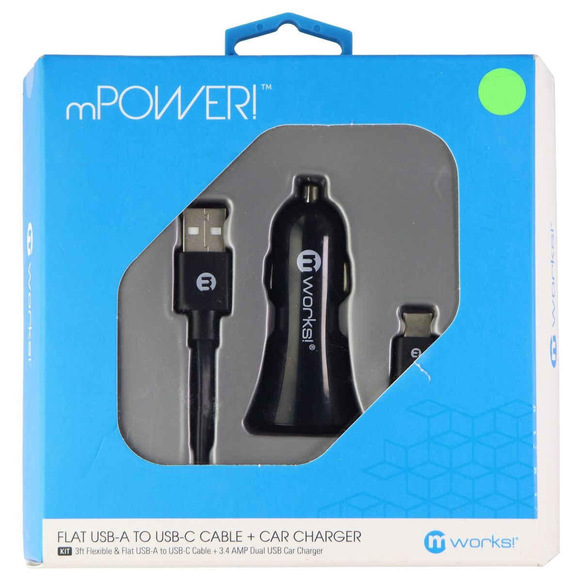 mWorks! mPOWER! (3-Foot) USB-C to USB Cable + Dual USB Car Charger - Black Cell Phone - Chargers & Cradles mWorks! - Simple Cell Bulk Wholesale Pricing - USA Seller