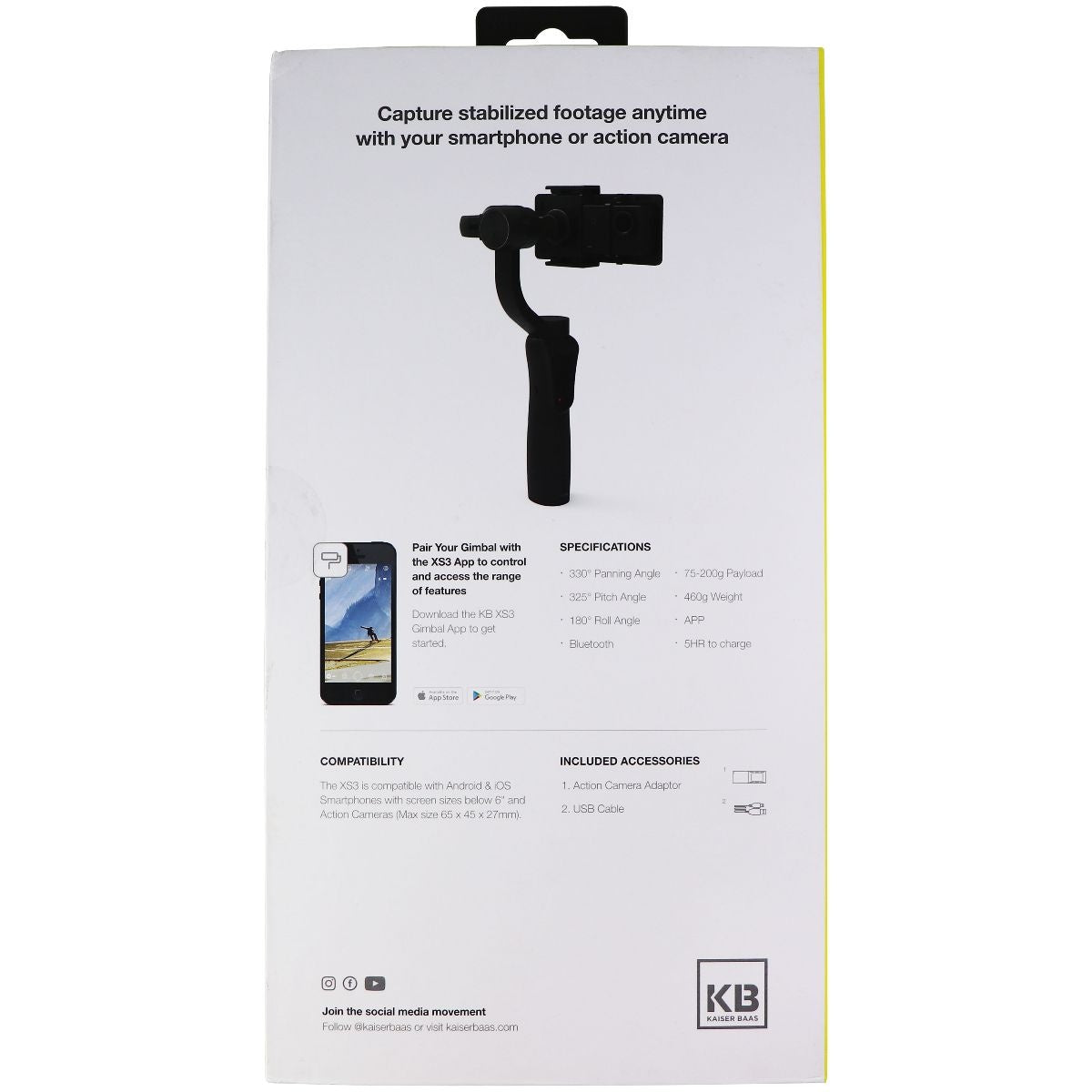 Kaiser Baas XS3 3-Axis Stabilized Gimbal for Smartphones & Action Cam (KBA13111) Digital Camera - Straps & Hand Grips Kaiser Baas - Simple Cell Bulk Wholesale Pricing - USA Seller