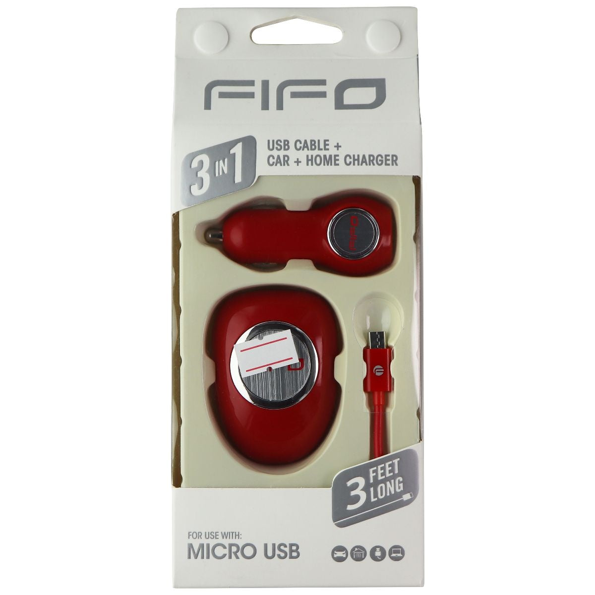 FIFO 3-in-1 Car + Wall USB Charger and 3-Ft Micro-USB Cable Combo - Red Cell Phone - Chargers & Cradles FIFO - Simple Cell Bulk Wholesale Pricing - USA Seller