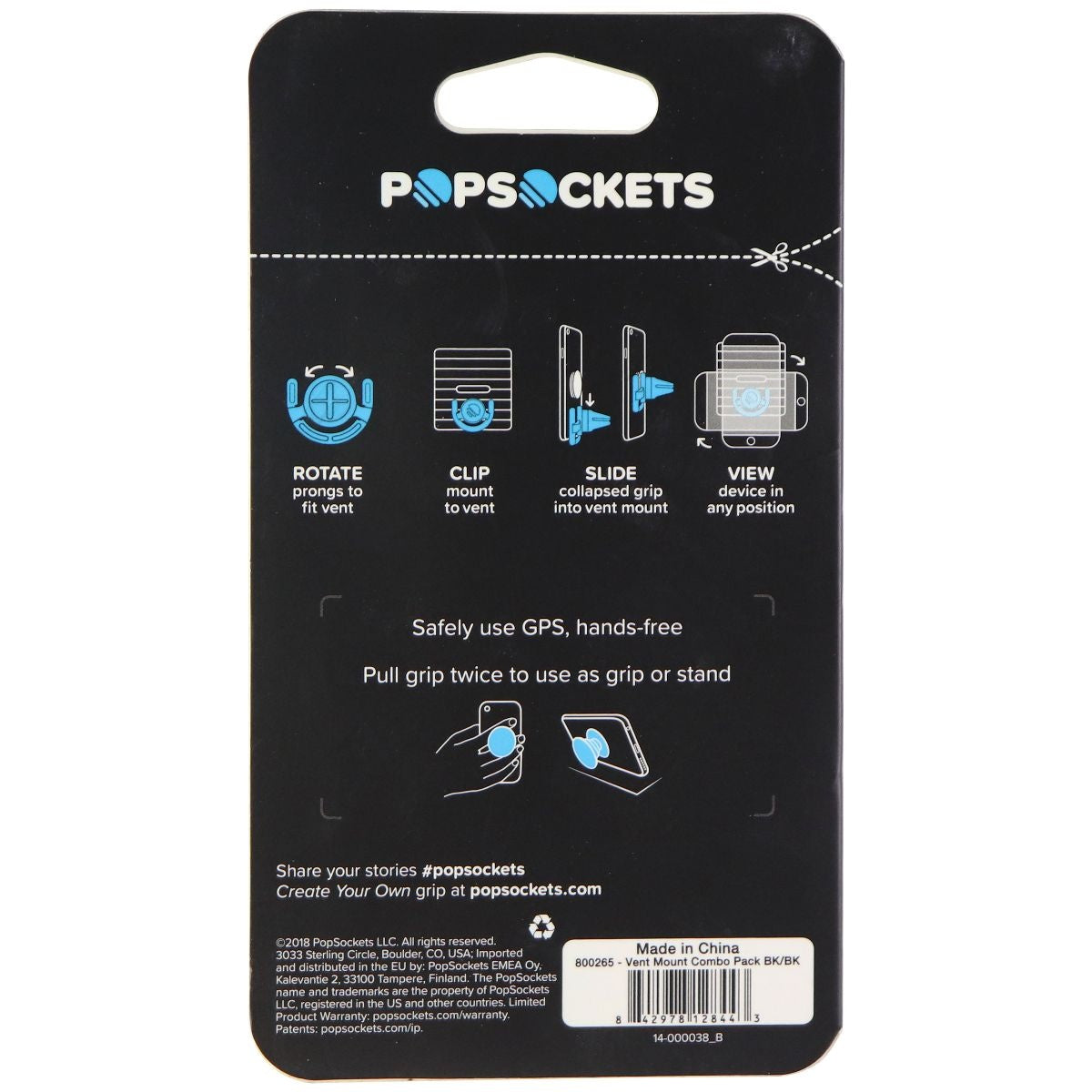 PopSockets Grip & Stand for Phones and Tablets - Black PopGrip & Vent Mount Cell Phone - Mounts & Holders PopSockets - Simple Cell Bulk Wholesale Pricing - USA Seller