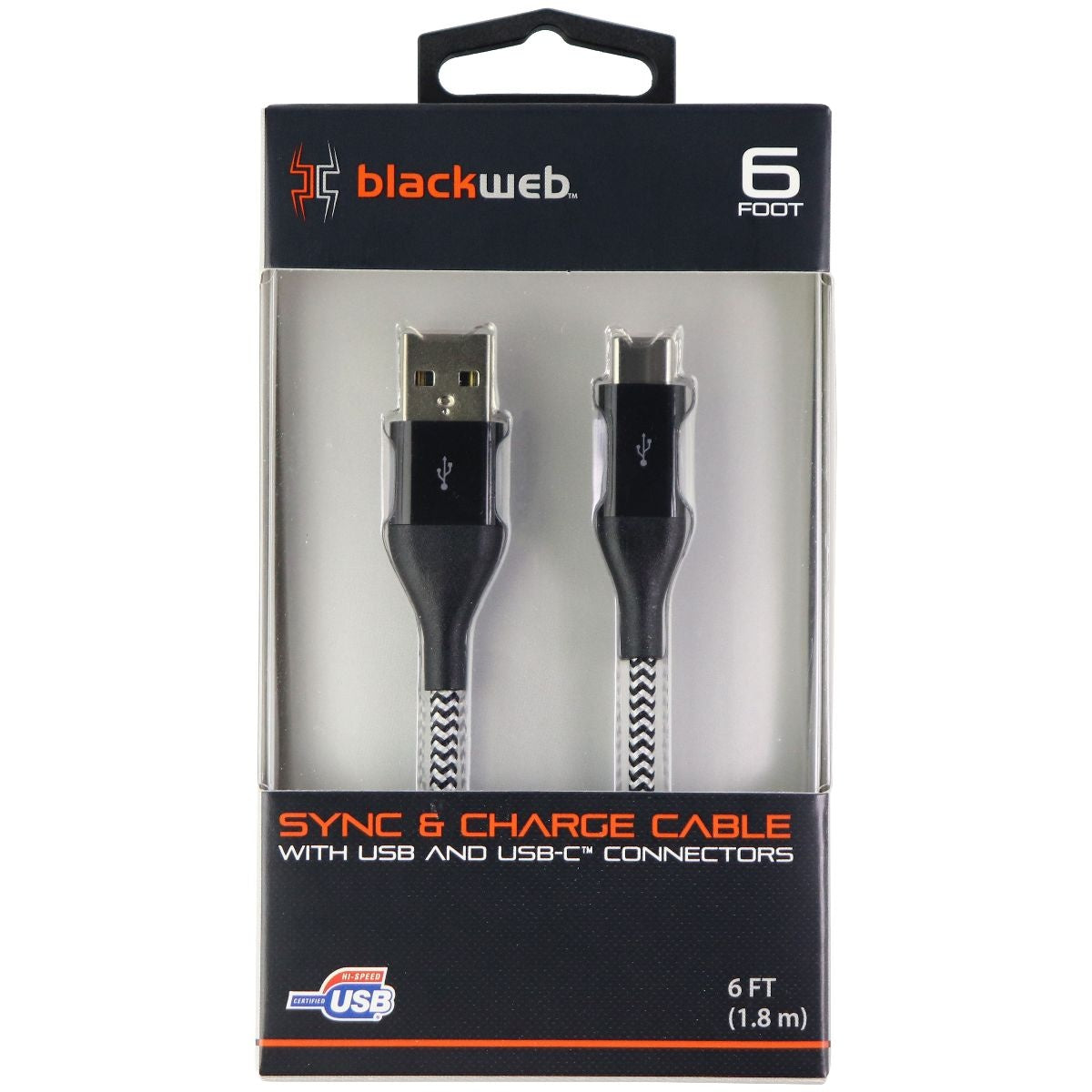 Blackweb (6-Foot) USB to USB-C Charge/Sync Braided Cable - Black / White Cell Phone - Cables & Adapters BlackWeb - Simple Cell Bulk Wholesale Pricing - USA Seller