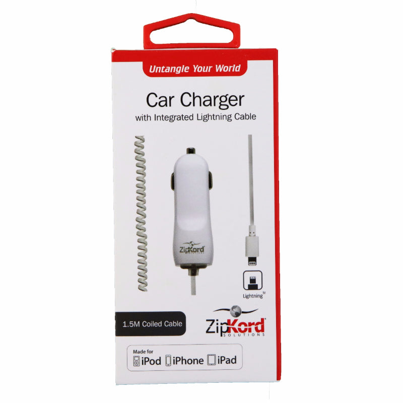 ZipKord 2.4A Coiled Car Charger w/ Apple Connector White iPhone X 8 7 Cell Phone - Chargers & Cradles ZipKord - Simple Cell Bulk Wholesale Pricing - USA Seller
