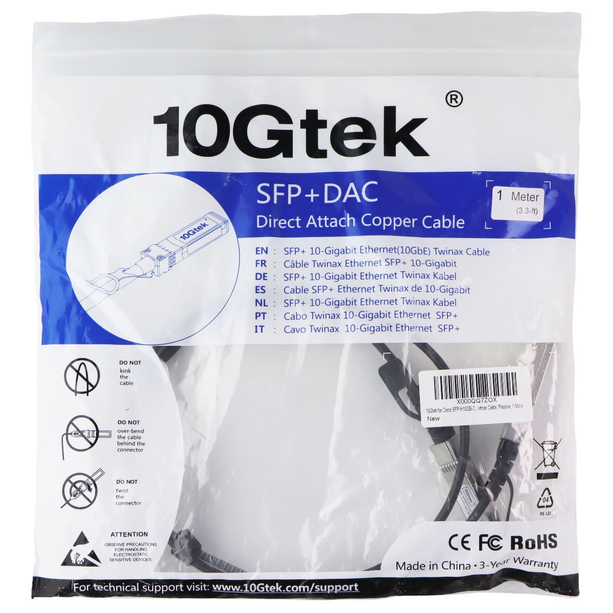 10Gtek (3.3ft / 1m) SPF+ DAC 10-Gigabit Ethternet (10GbE) Twinax Cable Computer/Network - Drive Cables & Adapters 10Gtek - Simple Cell Bulk Wholesale Pricing - USA Seller
