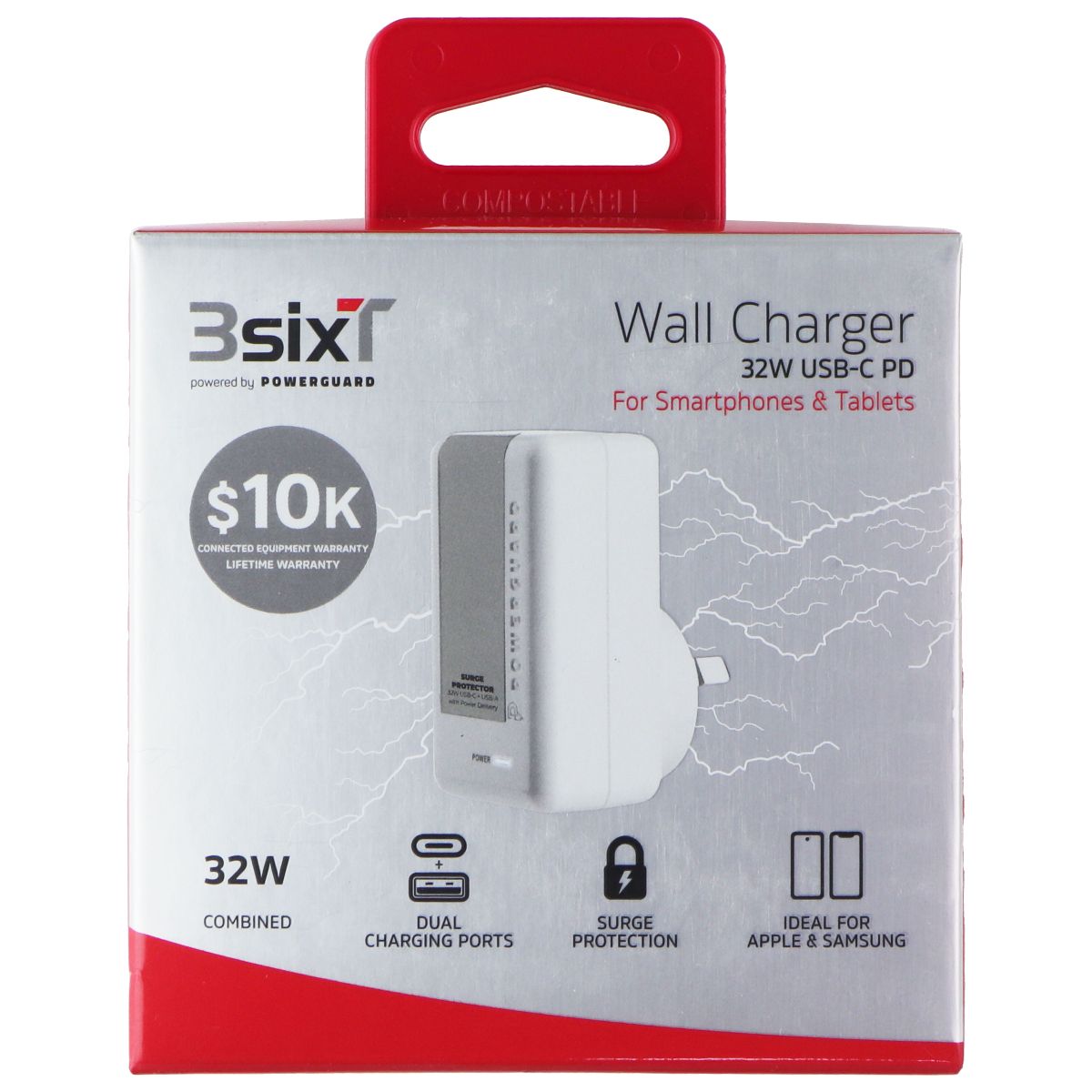 3SIXT PowerGuard Surge Protector 32W Dual USB-C/-A PD Wall Charger - White (AU) Cell Phone - Cables & Adapters 3SIXT - Simple Cell Bulk Wholesale Pricing - USA Seller