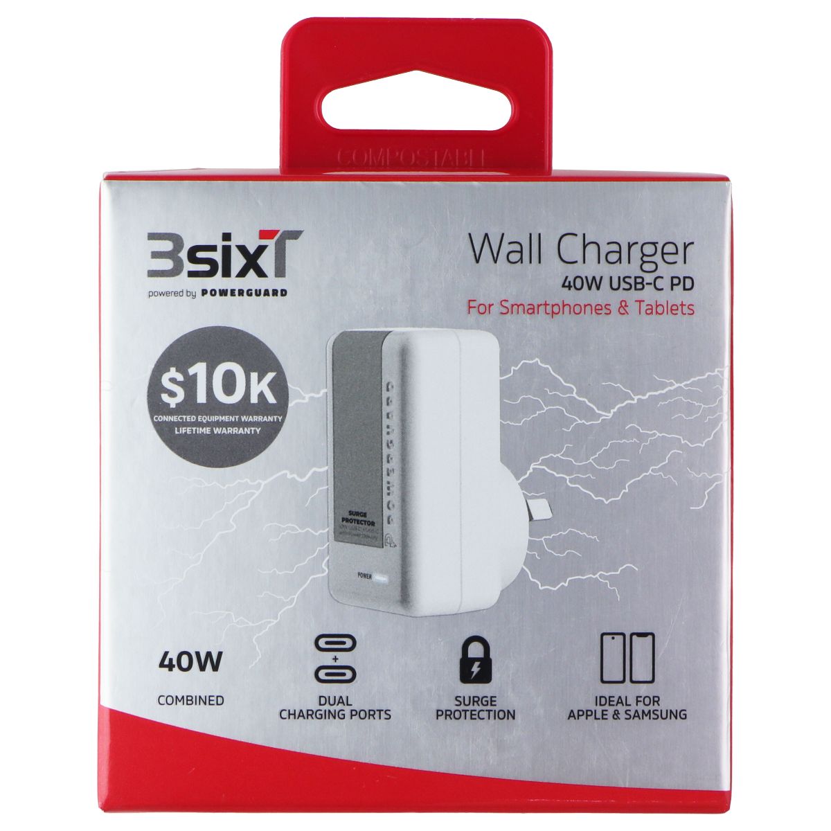 3SIXT PowerGuard Surge Protector 40W Dual USB-C PD Wall Charger - White (AU) Cell Phone - Cables & Adapters 3SIXT - Simple Cell Bulk Wholesale Pricing - USA Seller