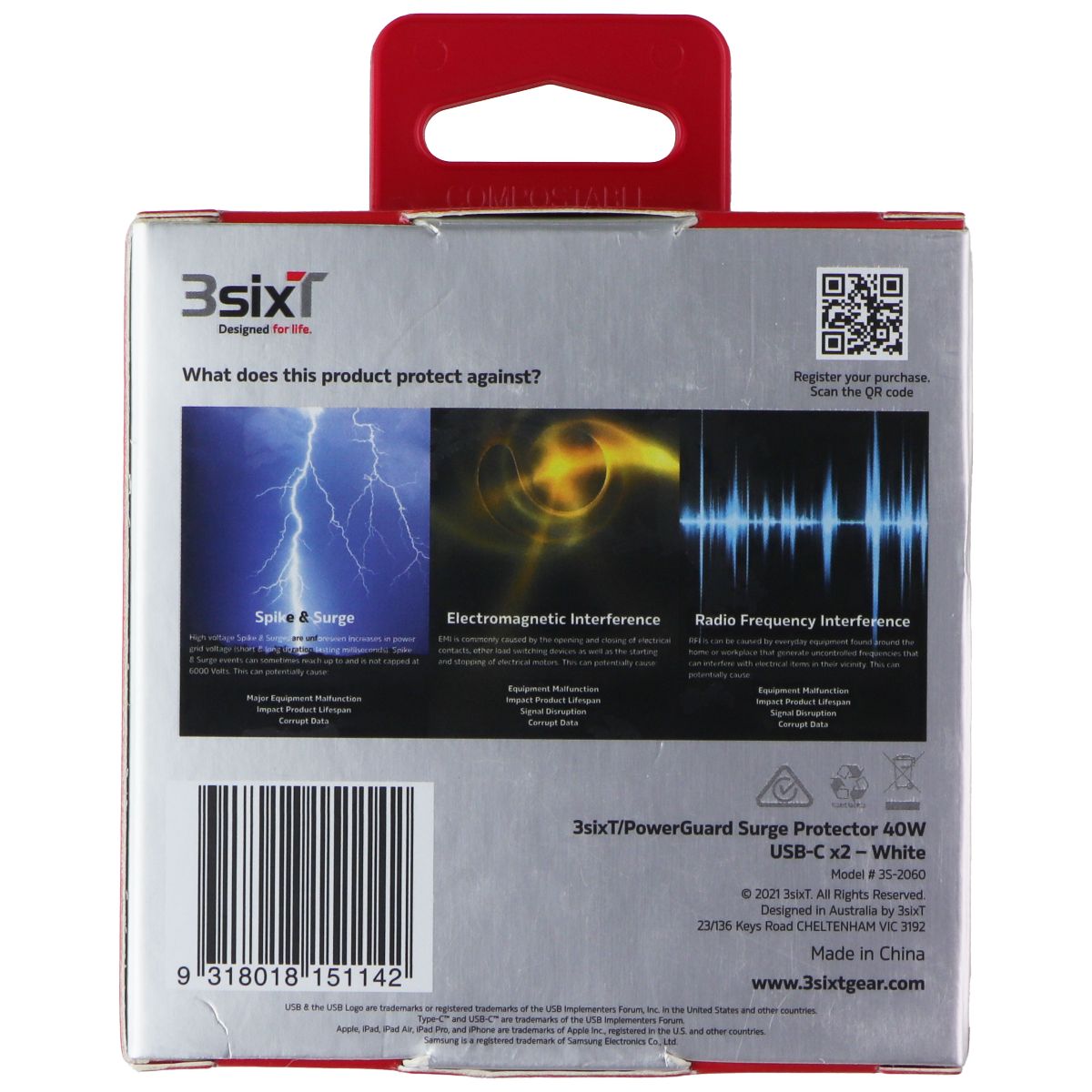 3SIXT PowerGuard Surge Protector 40W Dual USB-C PD Wall Charger - White (AU) Cell Phone - Cables & Adapters 3SIXT - Simple Cell Bulk Wholesale Pricing - USA Seller