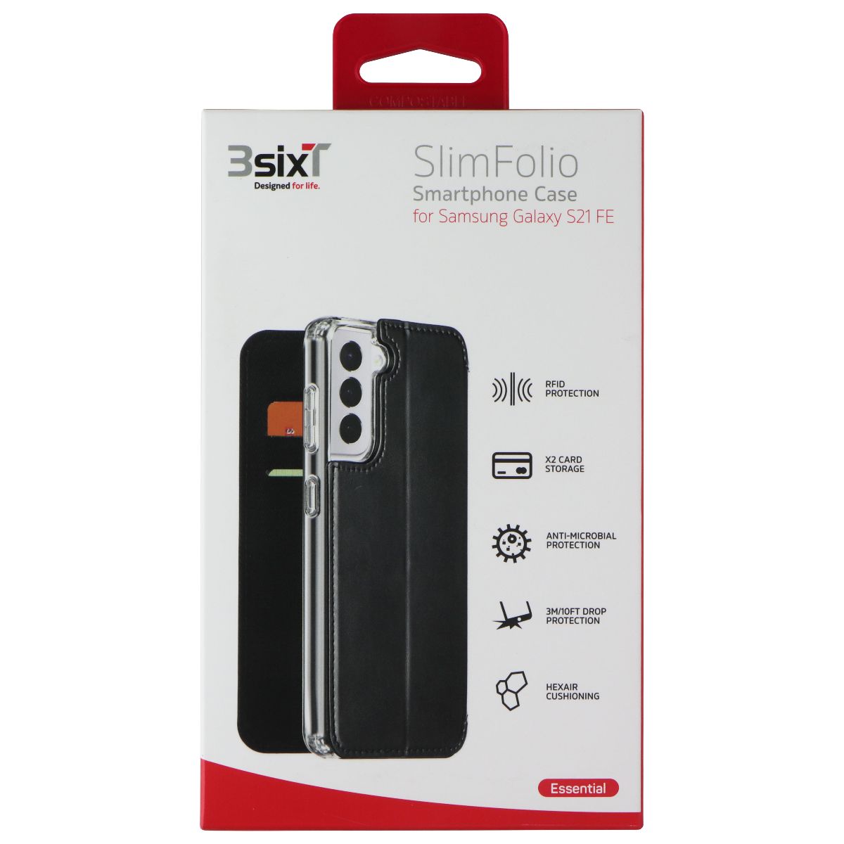 3SIXT SlimFolio Case for Samsung Galaxy S21 FE - Black/Clear Cell Phone - Cases, Covers & Skins 3SIXT - Simple Cell Bulk Wholesale Pricing - USA Seller