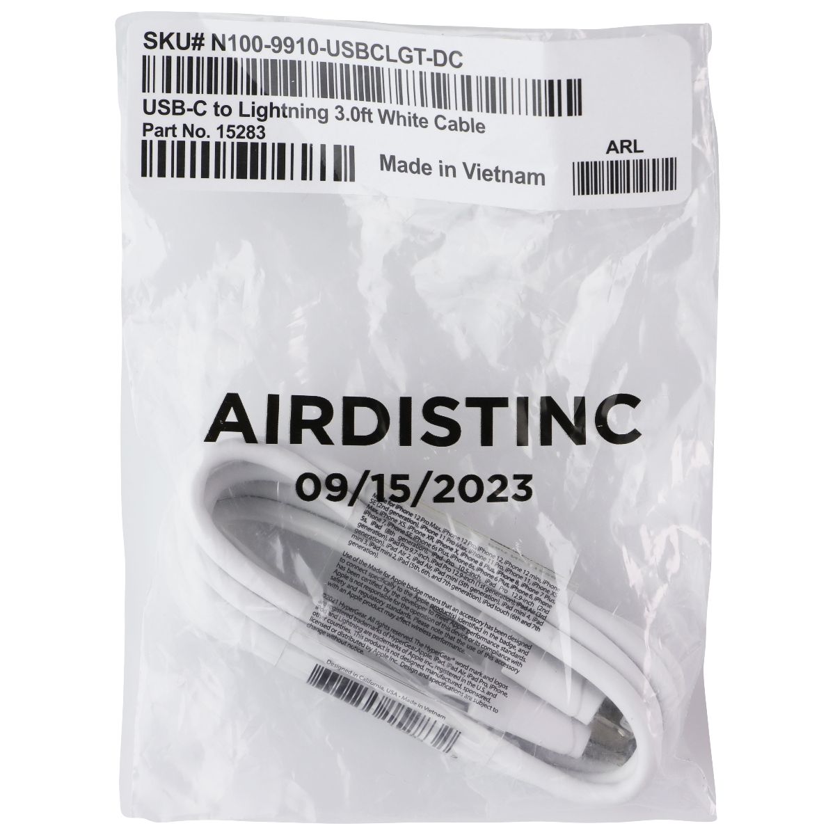 AIRDISTINC 3 Foot MFI-Certified USB-C to Lightning 8-Pin Cable - White