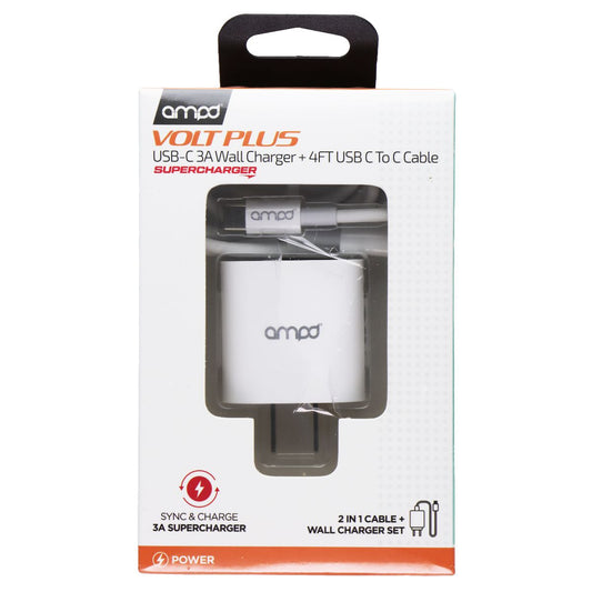 AMPD Volt Plus USB-C 3A Wall Charger & 4FT USB-C to USB-C Cable - White Cell Phone - Chargers & Cradles Ampd    - Simple Cell Bulk Wholesale Pricing - USA Seller