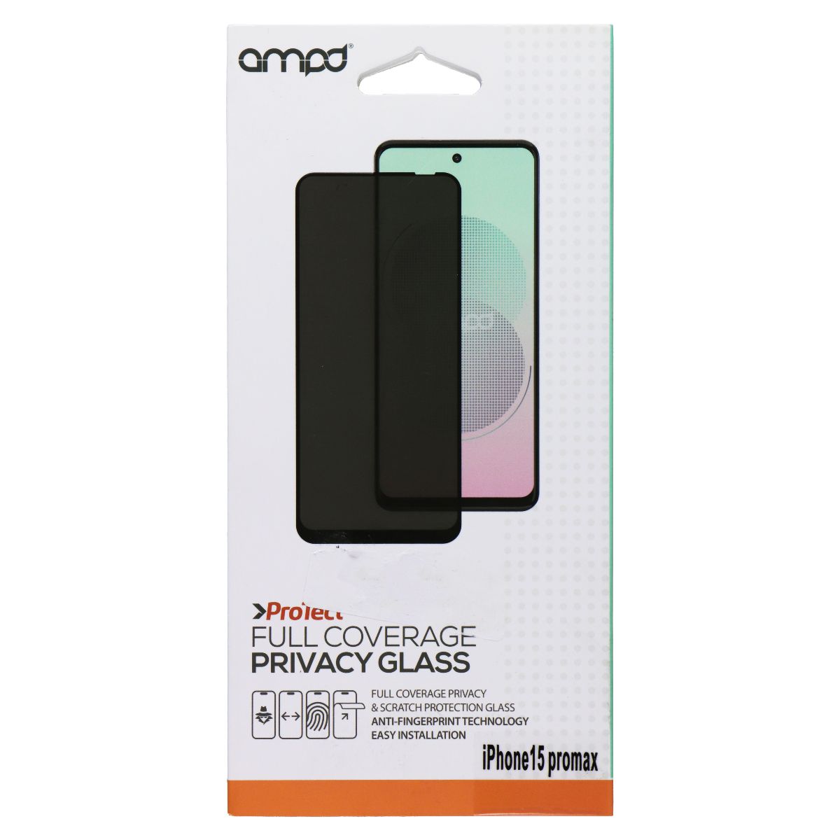 Ampd Full Coverage Privacy Glass Screen Protector for Apple iPhone 15 Pro Max Cell Phone - Screen Protectors Ampd - Simple Cell Bulk Wholesale Pricing - USA Seller