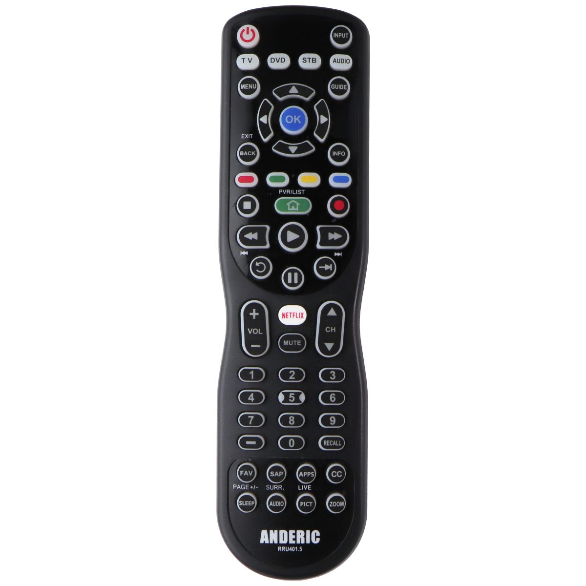 Anderic Universal Remote Control (RRU401.5) with Backlight - Black TV, Video & Audio Accessories - Remote Controls Anderic - Simple Cell Bulk Wholesale Pricing - USA Seller