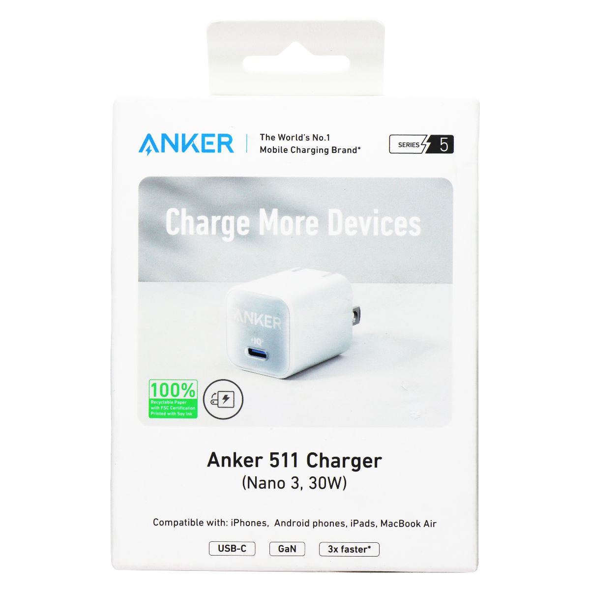 Anker 511 Series 5 USB-C Wall Charger (Nano 3/30W) - Aurora White (No Cable) Cell Phone - Chargers & Cradles Anker    - Simple Cell Bulk Wholesale Pricing - USA Seller