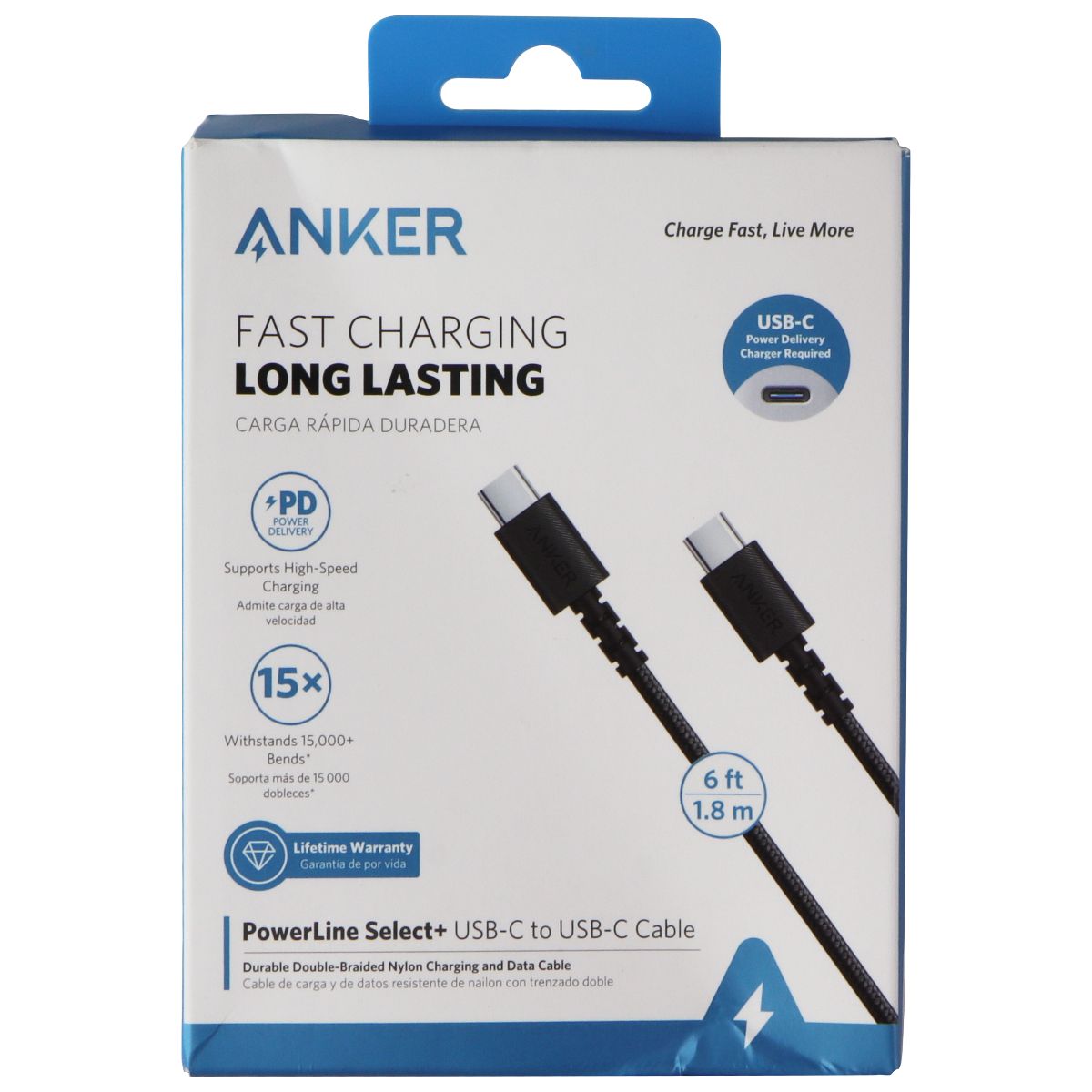 Anker 6 FT 60W Powerline Select+ Usb-C To Usb-C Cable - Black Cell Phone - Cables & Adapters Anker    - Simple Cell Bulk Wholesale Pricing - USA Seller