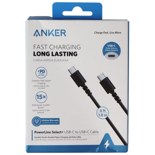 Anker 6 FT 60W Powerline Select+ Usb-C To Usb-C Cable - Black Cell Phone - Cables & Adapters Anker    - Simple Cell Bulk Wholesale Pricing - USA Seller