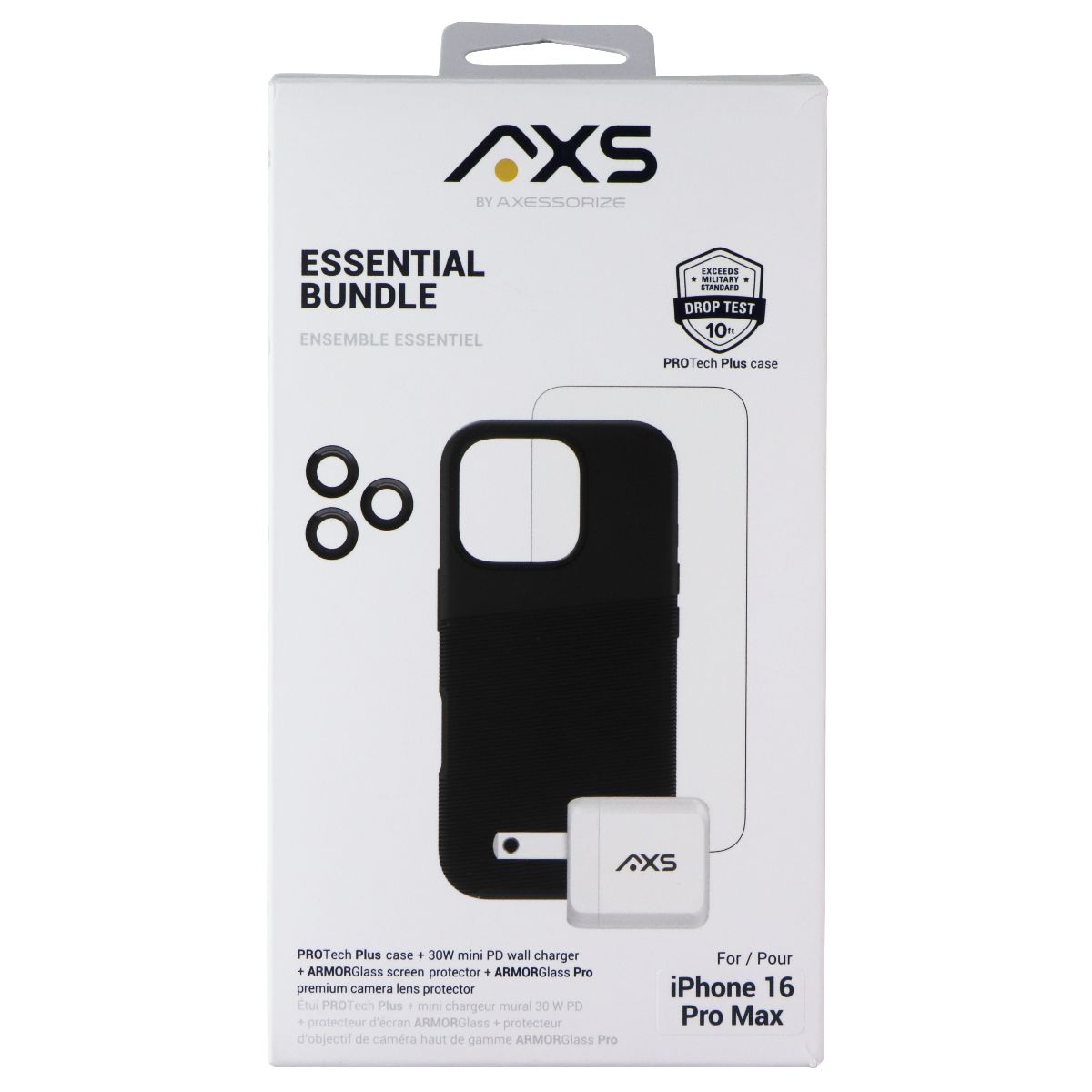 AXS Essential Bundle - Case/Screen/Charger/Lens for iPhone 16 Pro Max - Black Cell Phone - Accessory Bundles Axessorize - Simple Cell Bulk Wholesale Pricing - USA Seller