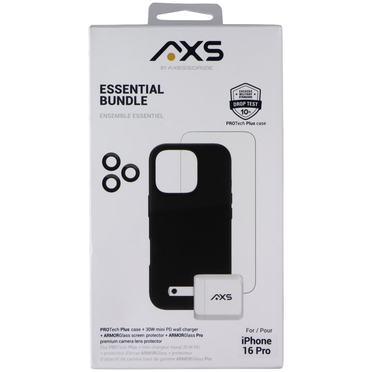AXS Essential Bundle - Case/Screen/Charger/Lens for Apple iPhone 16 Pro - Black Cell Phone - Accessory Bundles Axessorize - Simple Cell Bulk Wholesale Pricing - USA Seller