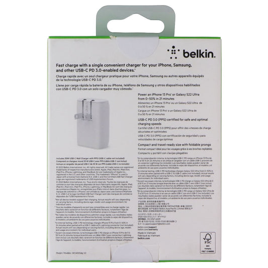 Belkin BoostCharge (30W) USB-C Wall Charger with PPS - White Cell Phone - Chargers & Cradles Belkin - Simple Cell Bulk Wholesale Pricing - USA Seller