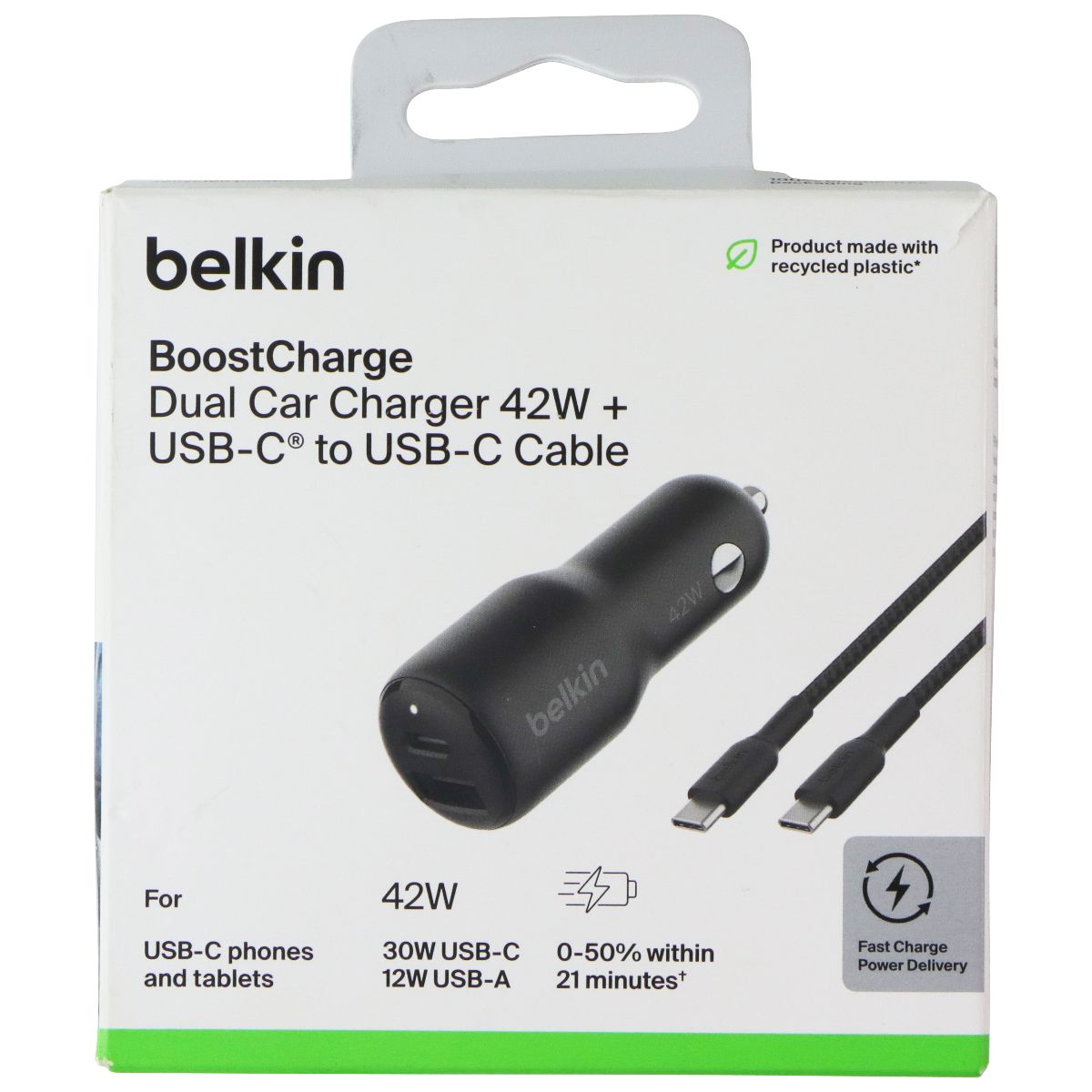 Belkin BoostCharge 42W Dual USB-A/USB-C Car Charger with USB-C Cable - Black Cell Phone - Chargers & Cradles Belkin - Simple Cell Bulk Wholesale Pricing - USA Seller