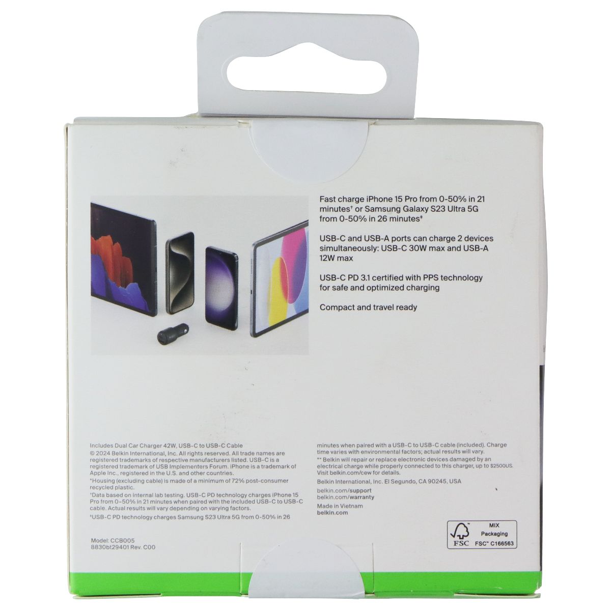 Belkin BoostCharge 42W Dual USB-A/USB-C Car Charger with USB-C Cable - Black Cell Phone - Chargers & Cradles Belkin - Simple Cell Bulk Wholesale Pricing - USA Seller