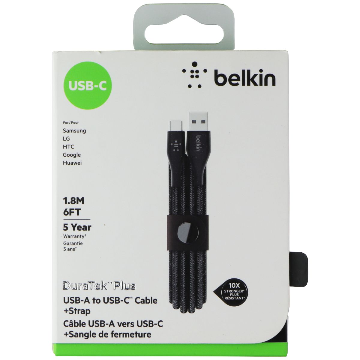 Belkin DuraTek Plus 6FT USB-A to USB-C Cable with Leather Strap - Black Cell Phone - Cables & Adapters Belkin - Simple Cell Bulk Wholesale Pricing - USA Seller