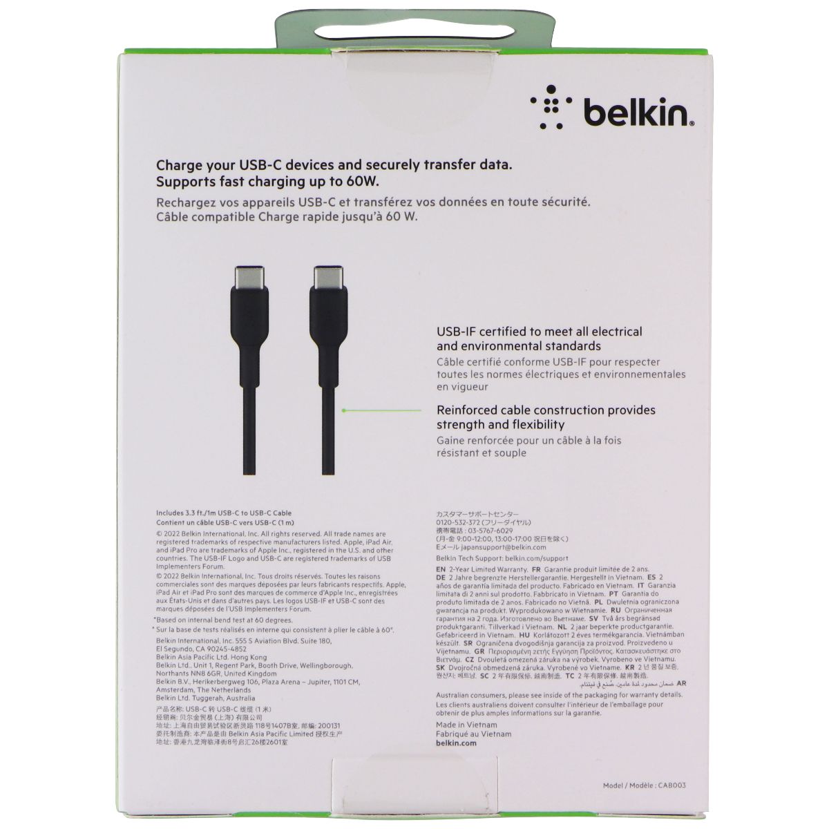 Belkin USB-C to USB-C Fast Charge Cable 3.3ft for Multiple Devices - Black Cell Phone - Cables & Adapters Belkin - Simple Cell Bulk Wholesale Pricing - USA Seller