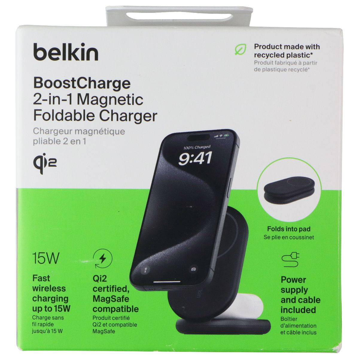 Belkin BoostCharge (15W) 2-in-1 Magnetic Foldable Charger (WIZ028TTBK) - Black Cell Phone - Chargers & Cradles Belkin - Simple Cell Bulk Wholesale Pricing - USA Seller