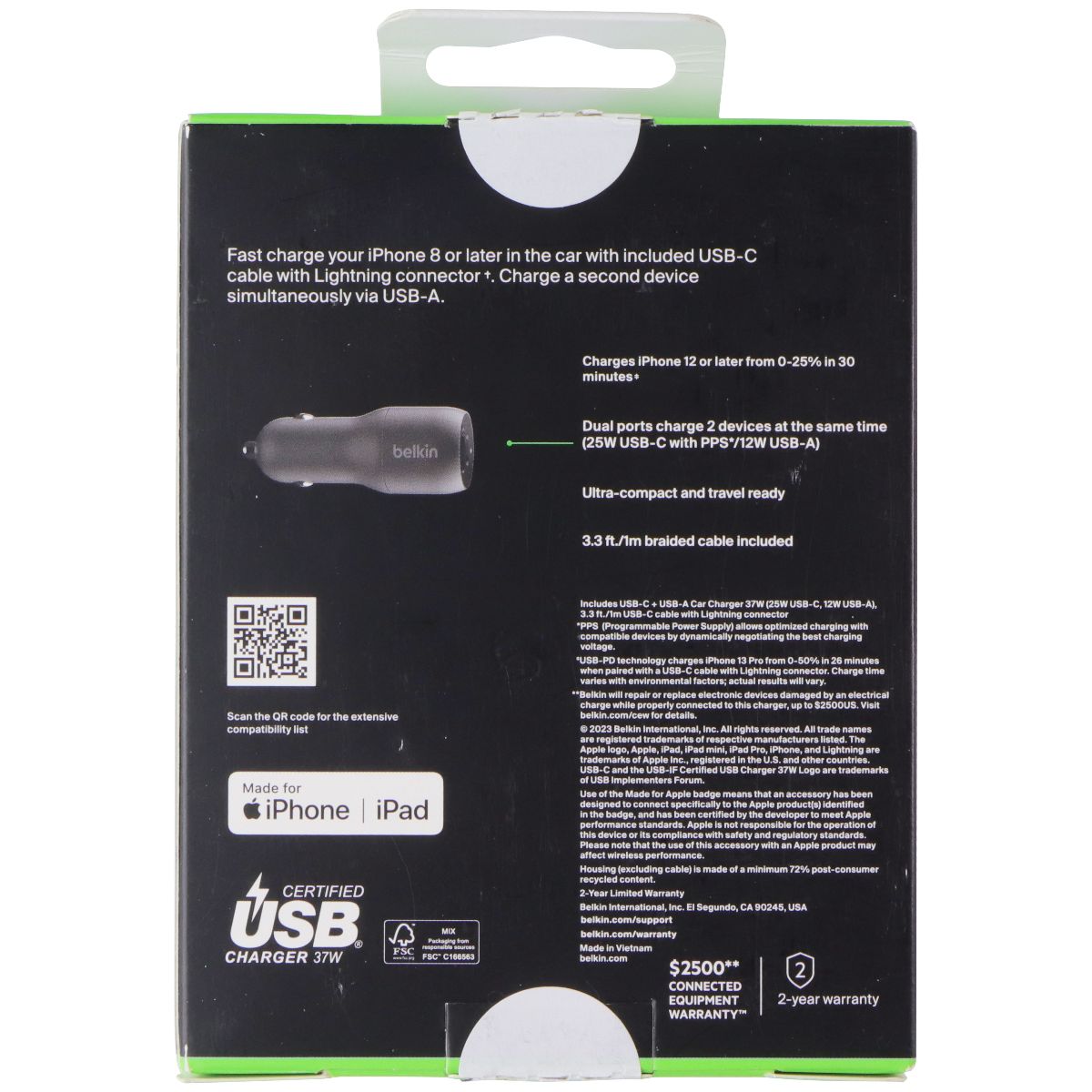 Belkin BoostCharge 37W USB-C/USB-A Car Charger w/ USB-C to 8-Pin Cable - Black Cell Phone - Chargers & Cradles Belkin - Simple Cell Bulk Wholesale Pricing - USA Seller