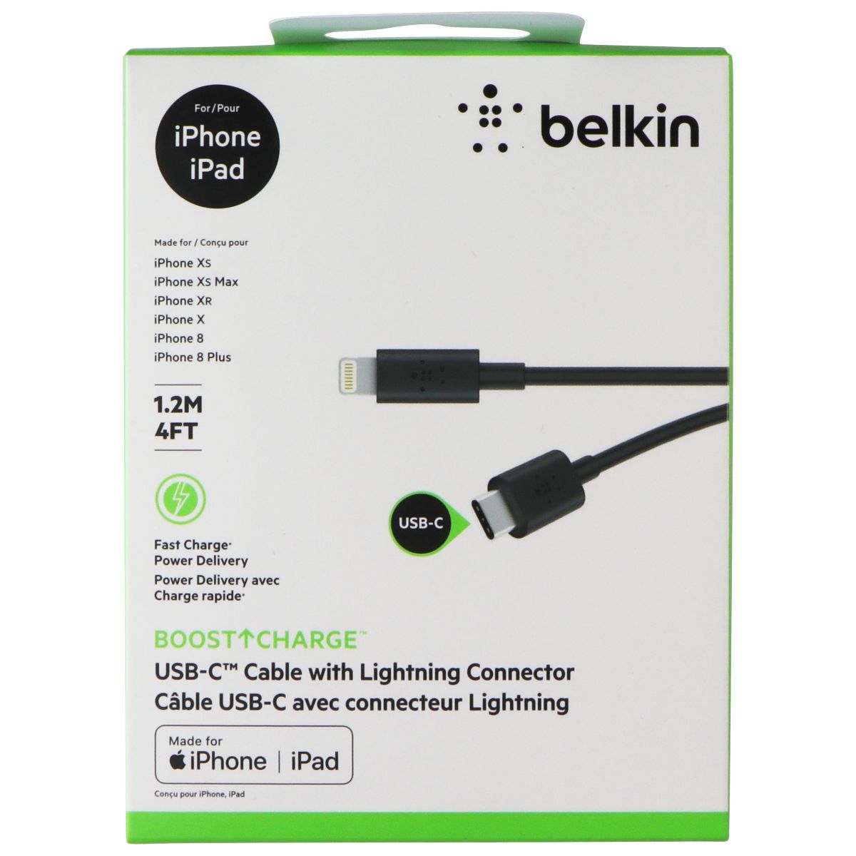 Belkin (4-Ft) USB-C to Lighting 8-Pin Charge/Sync Cable - Black Cell Phone - Cables & Adapters Belkin - Simple Cell Bulk Wholesale Pricing - USA Seller