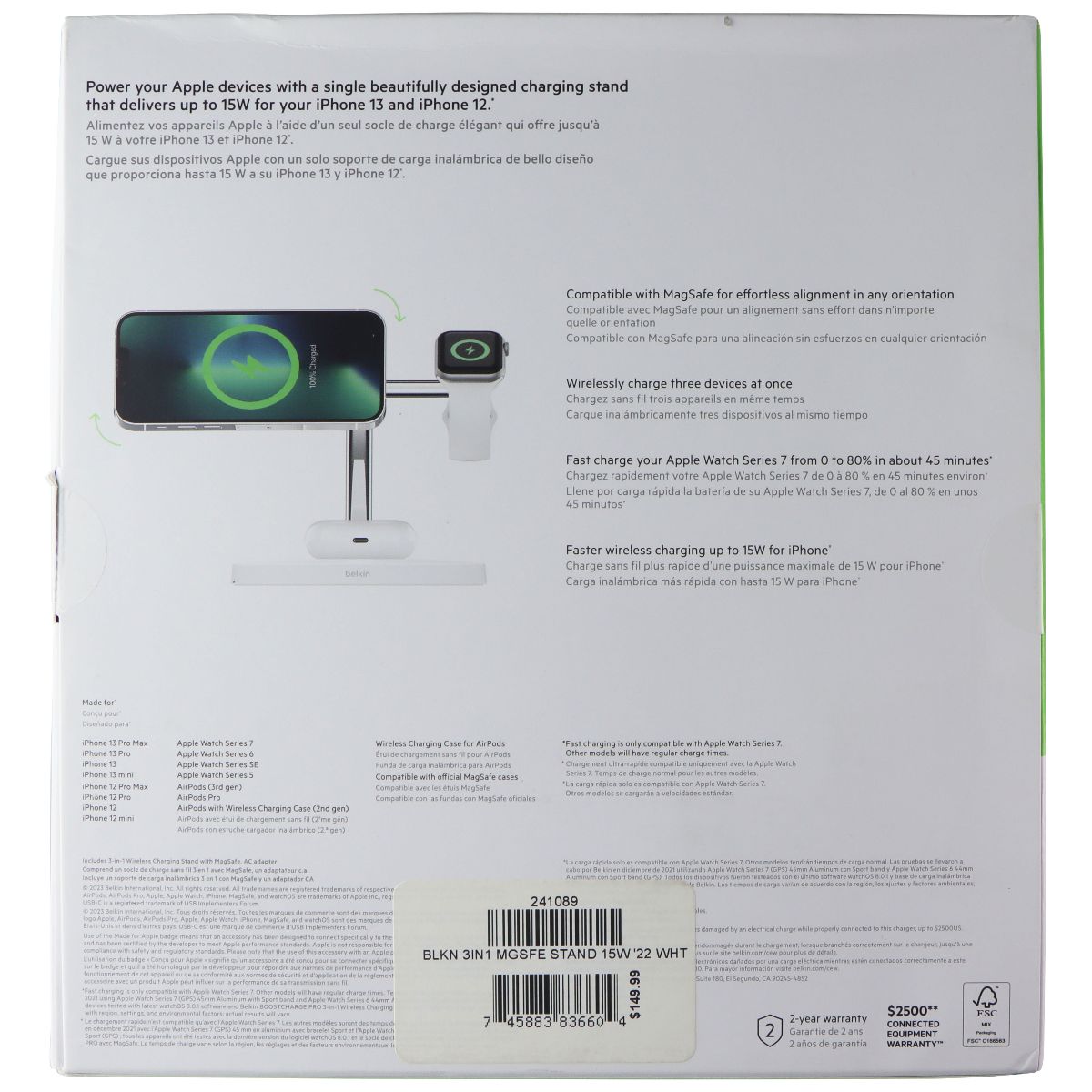 Belkin BoostCharge Pro 3-in-1 Wireless Charging Stand w/ MagSafe - White Cell Phone - Chargers & Cradles Belkin - Simple Cell Bulk Wholesale Pricing - USA Seller