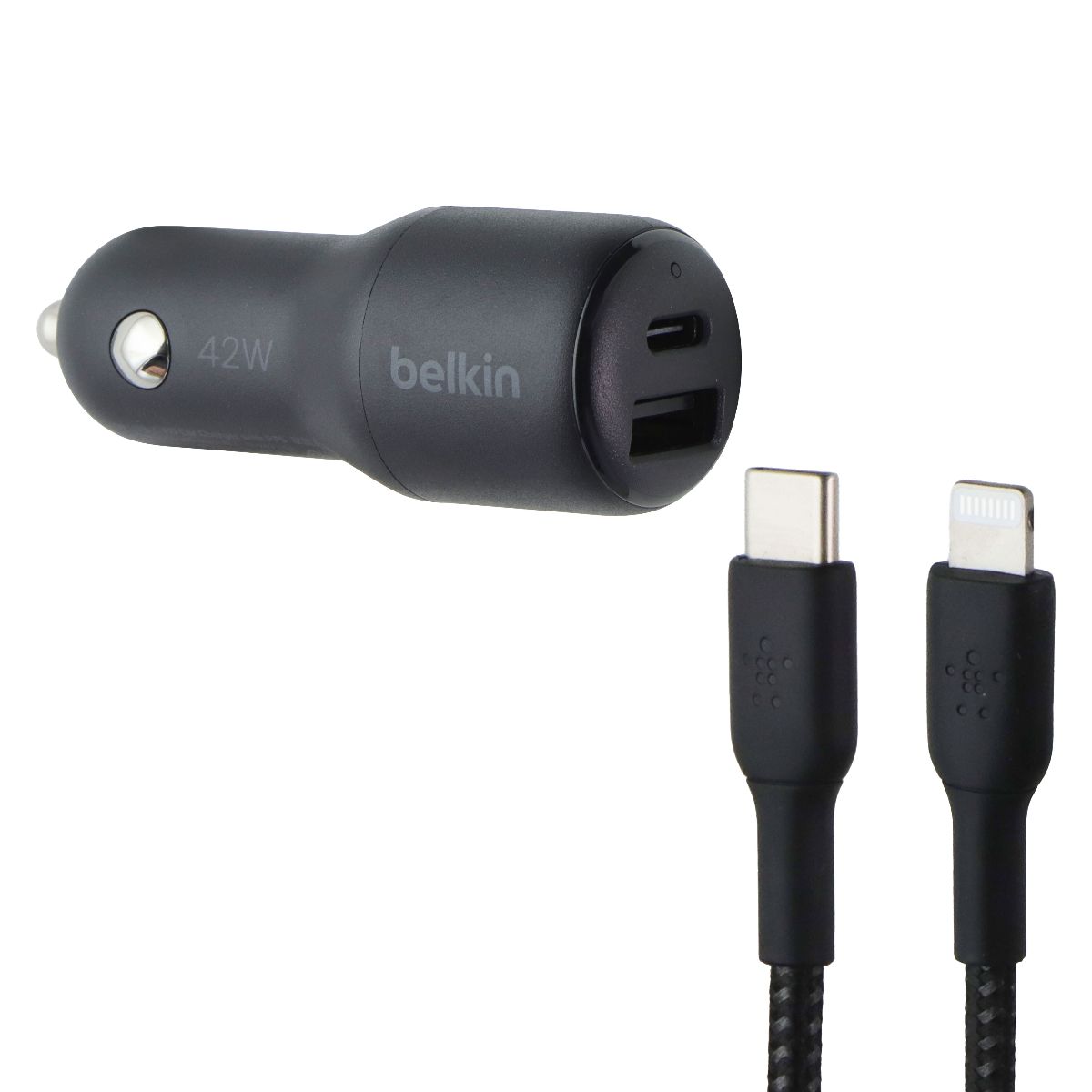 Belkin BoostCharge 42W Dual USB-A/USB-C Car Charger w/ USB-C/8-pin Cable - Black Cell Phone - Chargers & Cradles Belkin - Simple Cell Bulk Wholesale Pricing - USA Seller