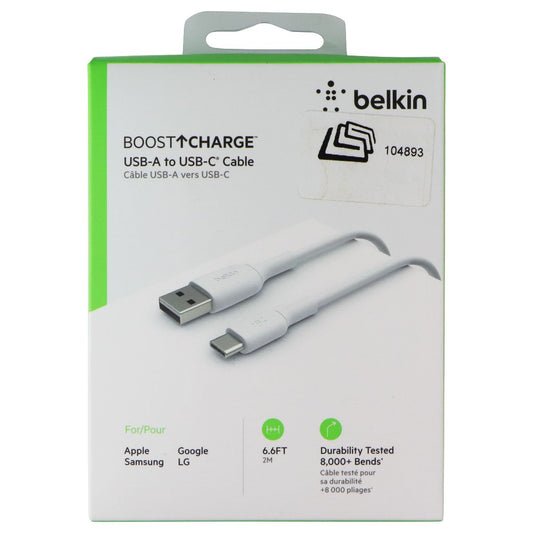 Belkin BoostCharge 6.6 Foot USB-A to USB-C Cable - White Cell Phone - Cables & Adapters Belkin - Simple Cell Bulk Wholesale Pricing - USA Seller