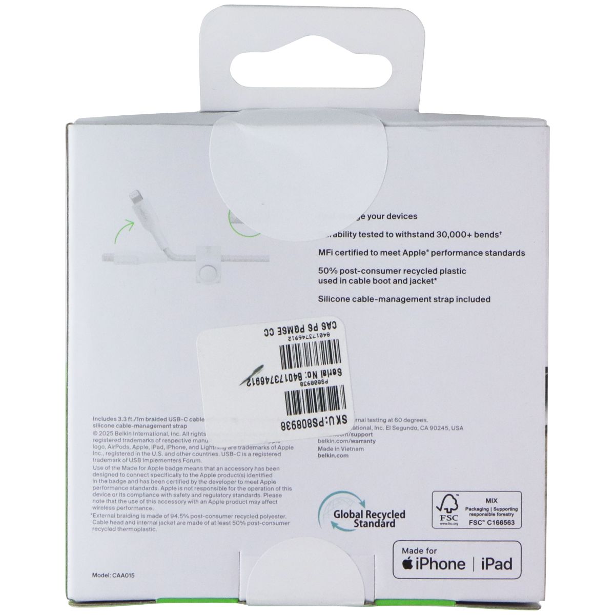 Bellkin 3.3-Ft BoostCharge Pro 30W Braided USB-C to Lightning 8 -Pin Cable White Cell Phone - Cables & Adapters Belkin - Simple Cell Bulk Wholesale Pricing - USA Seller