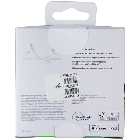 Bellkin 3.3-Ft BoostCharge Pro 30W Braided USB-C to Lightning 8 -Pin Cable White Cell Phone - Cables & Adapters Belkin - Simple Cell Bulk Wholesale Pricing - USA Seller