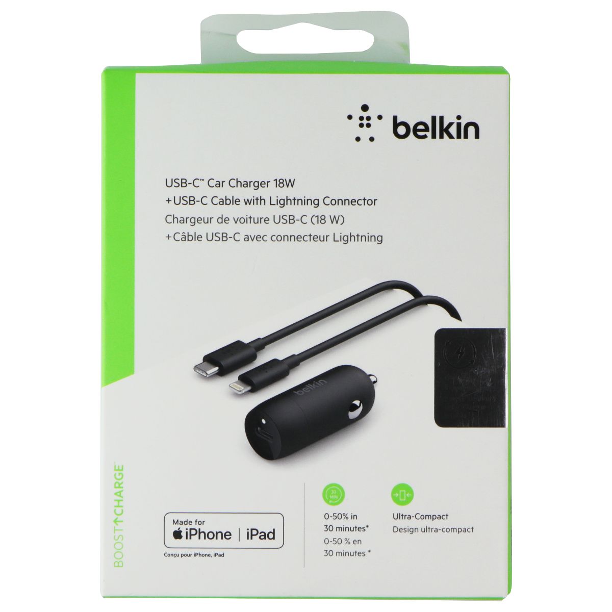 Belkin 18W USB-C Car Charger with 4-Ft USB-C to 8-Pin Lightning Cable - Black Cell Phone - Chargers & Cradles Belkin    - Simple Cell Bulk Wholesale Pricing - USA Seller