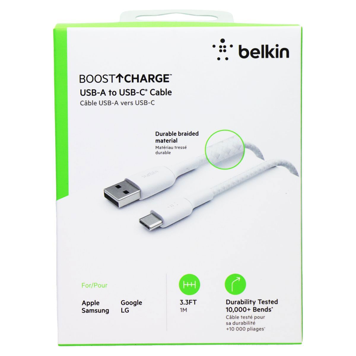 Belkin BoostCharge 3.3FT USB-A to USB-C Braided Cable - White Cell Phone - Cables & Adapters Belkin - Simple Cell Bulk Wholesale Pricing - USA Seller
