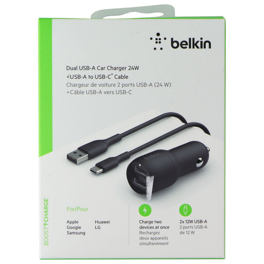Belkin Dual USB Car Charger 24W + USB-C Cable - Black Cell Phone - Chargers & Cradles Belkin - Simple Cell Bulk Wholesale Pricing - USA Seller