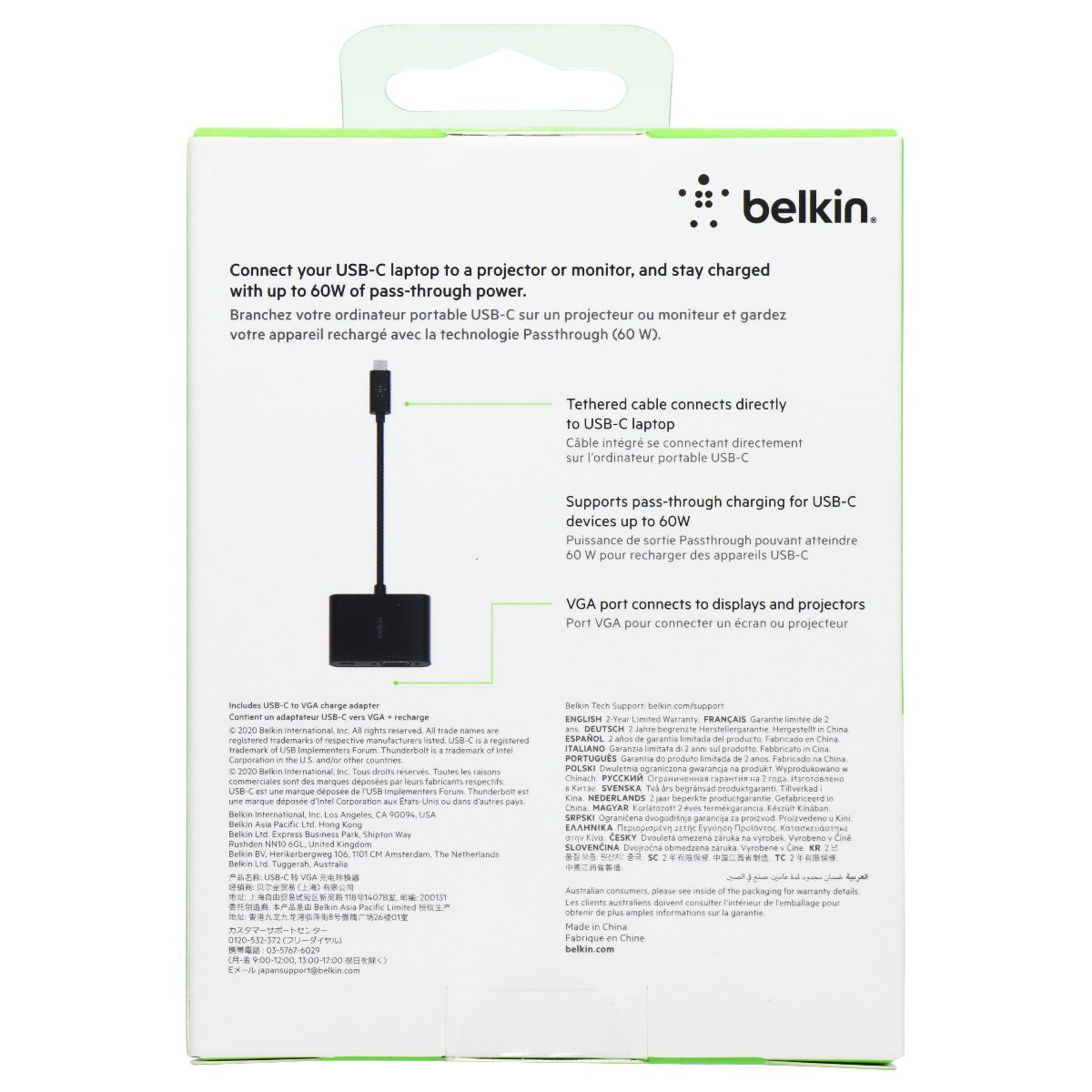 Belkin (60W) USB-C Thunderbolt 3 to VGA + Charge Adapter - Black (AVC001BTBK) Parts & Accessories - Chargers & Cradles Belkin - Simple Cell Bulk Wholesale Pricing - USA Seller