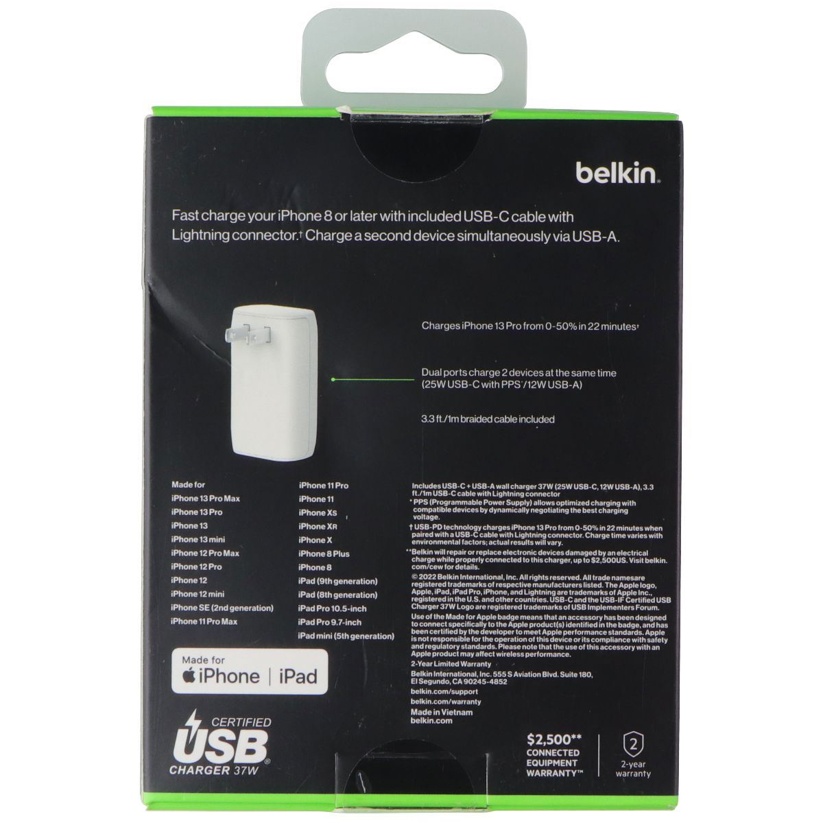 Belkin BoostCharge 37W Dual USB-C/USB-A Wall Charger w/ USB-C to 8-Pin Cable Cell Phone - Chargers & Cradles Belkin - Simple Cell Bulk Wholesale Pricing - USA Seller