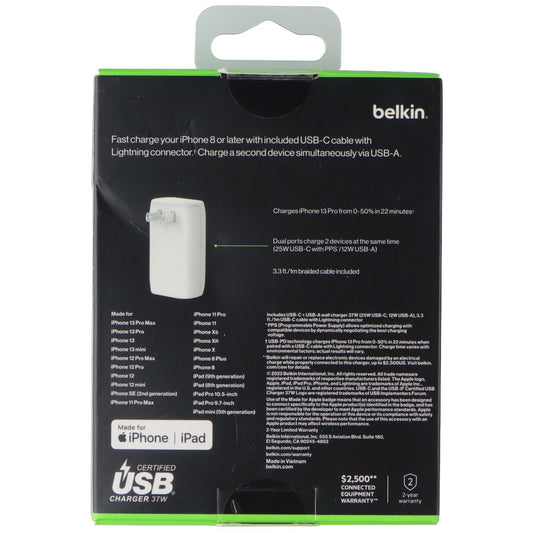 Belkin BoostCharge 37W Dual USB-C/USB-A Wall Charger w/ USB-C to 8-Pin Cable Cell Phone - Chargers & Cradles Belkin - Simple Cell Bulk Wholesale Pricing - USA Seller