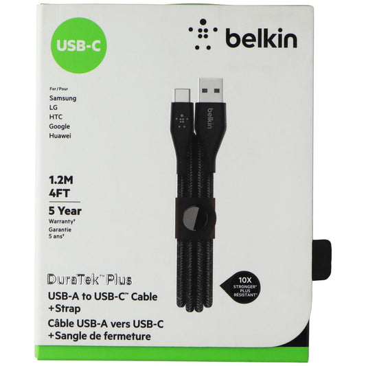 Belkin DuraTek Plus (4-Ft/1.2M) USB-A to USB-C Cable with Leather Strap - Black Cell Phone - Cables & Adapters Belkin - Simple Cell Bulk Wholesale Pricing - USA Seller