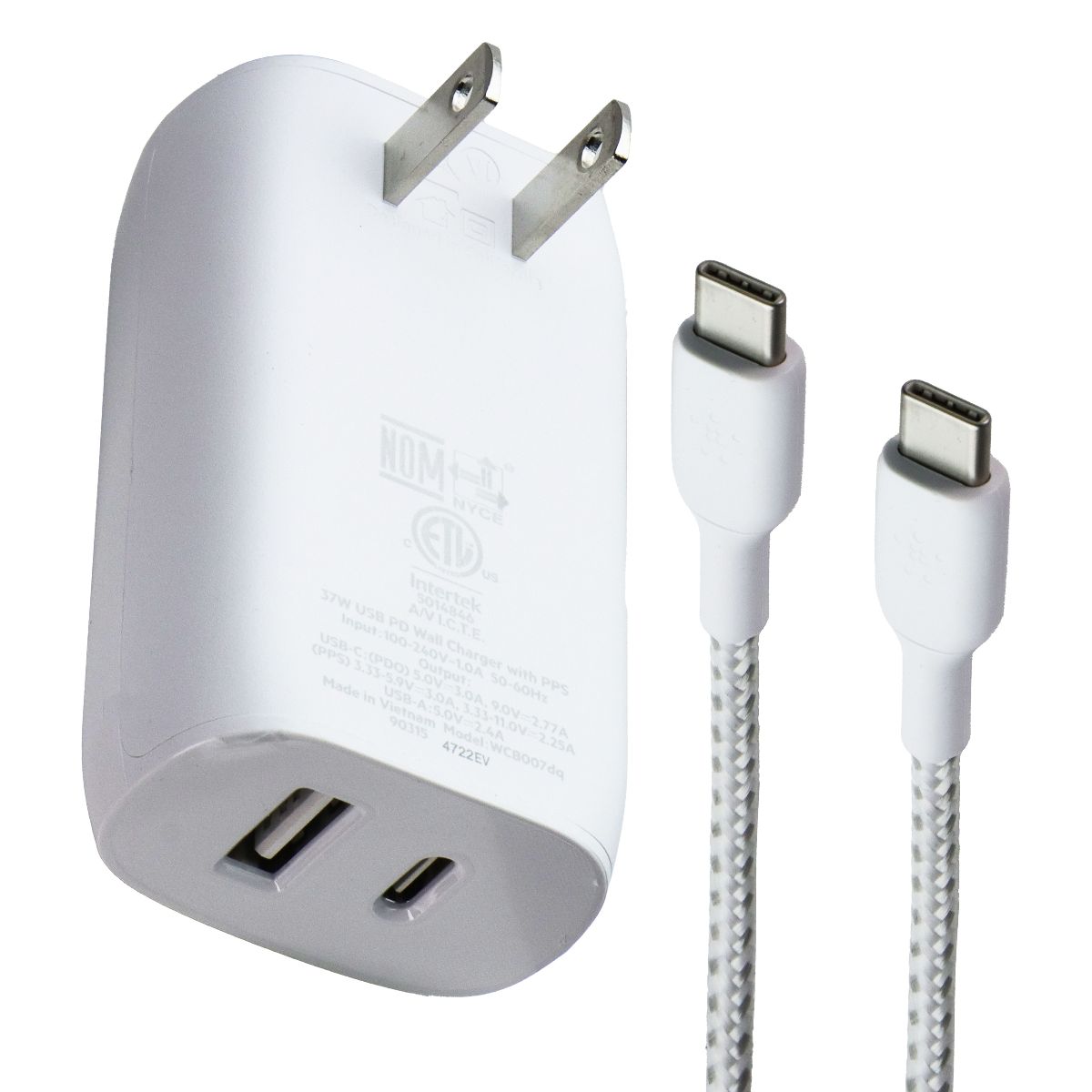 Belkin BoostCharge Dual USB-C/USB-A 37W Wall Charger w/ USB-C Cable - White Cell Phone - Chargers & Cradles Belkin - Simple Cell Bulk Wholesale Pricing - USA Seller