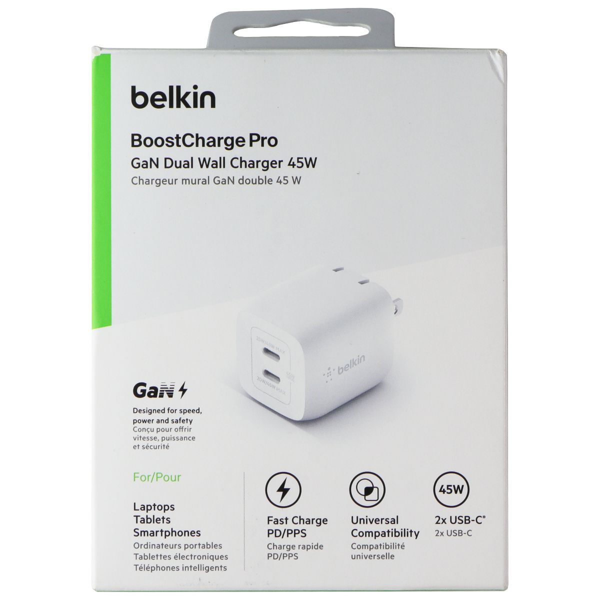 Belkin BoostCharge Pro GaN Dual USB-C Wall Charger 45W - White Parts & Accessories - Chargers & Cradles Belkin - Simple Cell Bulk Wholesale Pricing - USA Seller