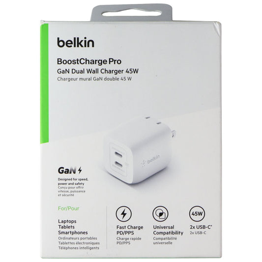 Belkin BoostCharge Pro GaN Dual USB-C Wall Charger 45W - White Parts & Accessories - Chargers & Cradles Belkin - Simple Cell Bulk Wholesale Pricing - USA Seller