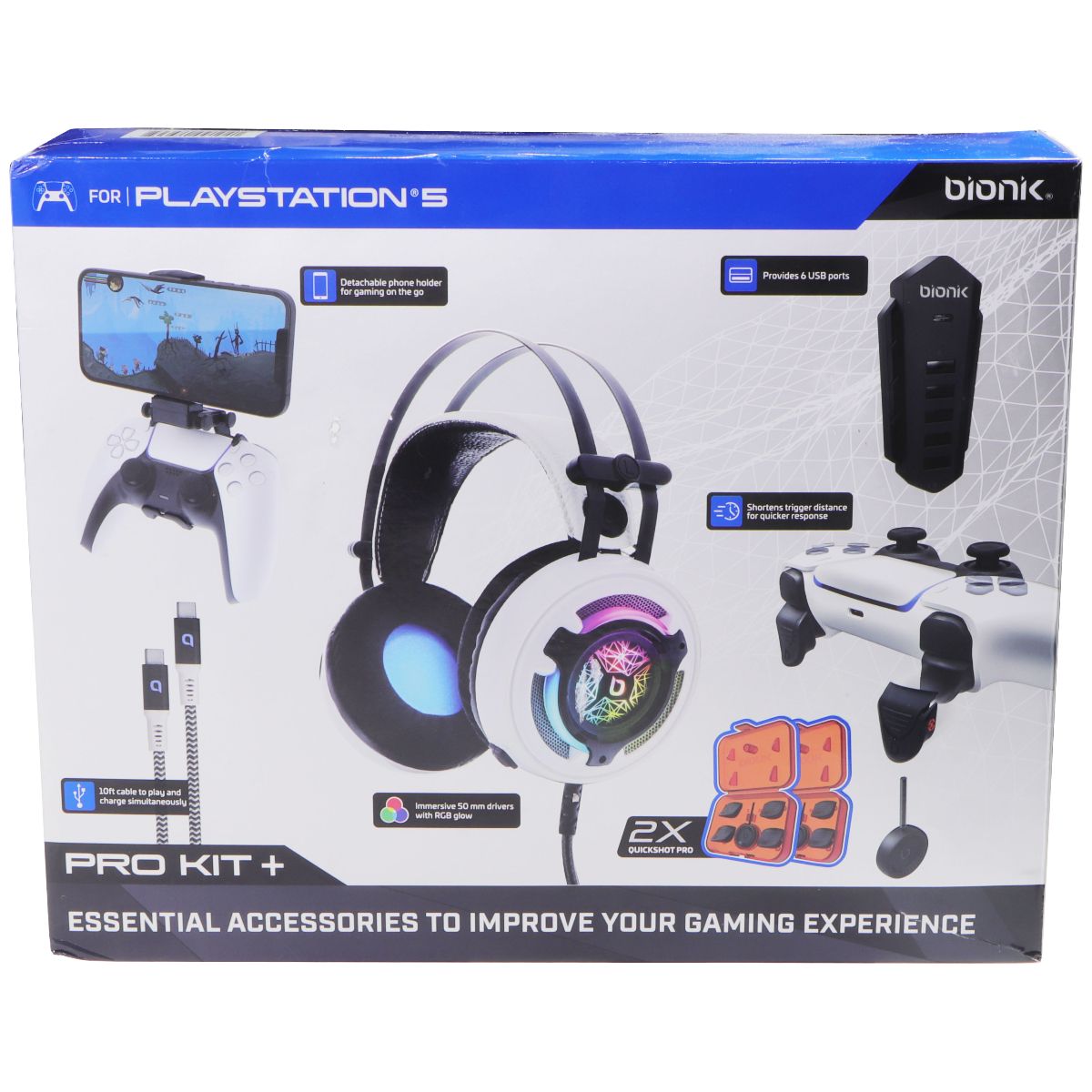 bionik Pro Kit+ for Sony PlayStation 5 - White / Black / Blue Gaming/Console - Accessory Bundles bionik    - Simple Cell Bulk Wholesale Pricing - USA Seller