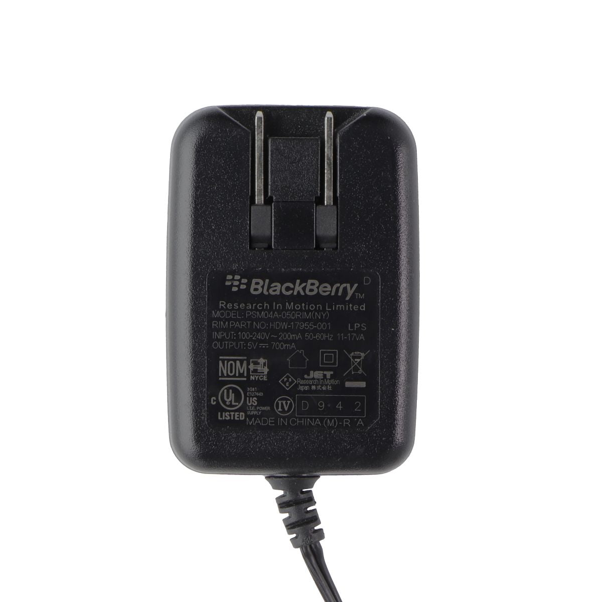 BlackBerry OEM (5V/700mA) Micro-USB Corded Wall Charger - Black (PSM04A-050RIM) Cell Phone - Chargers & Cradles Blackberry - Simple Cell Bulk Wholesale Pricing - USA Seller